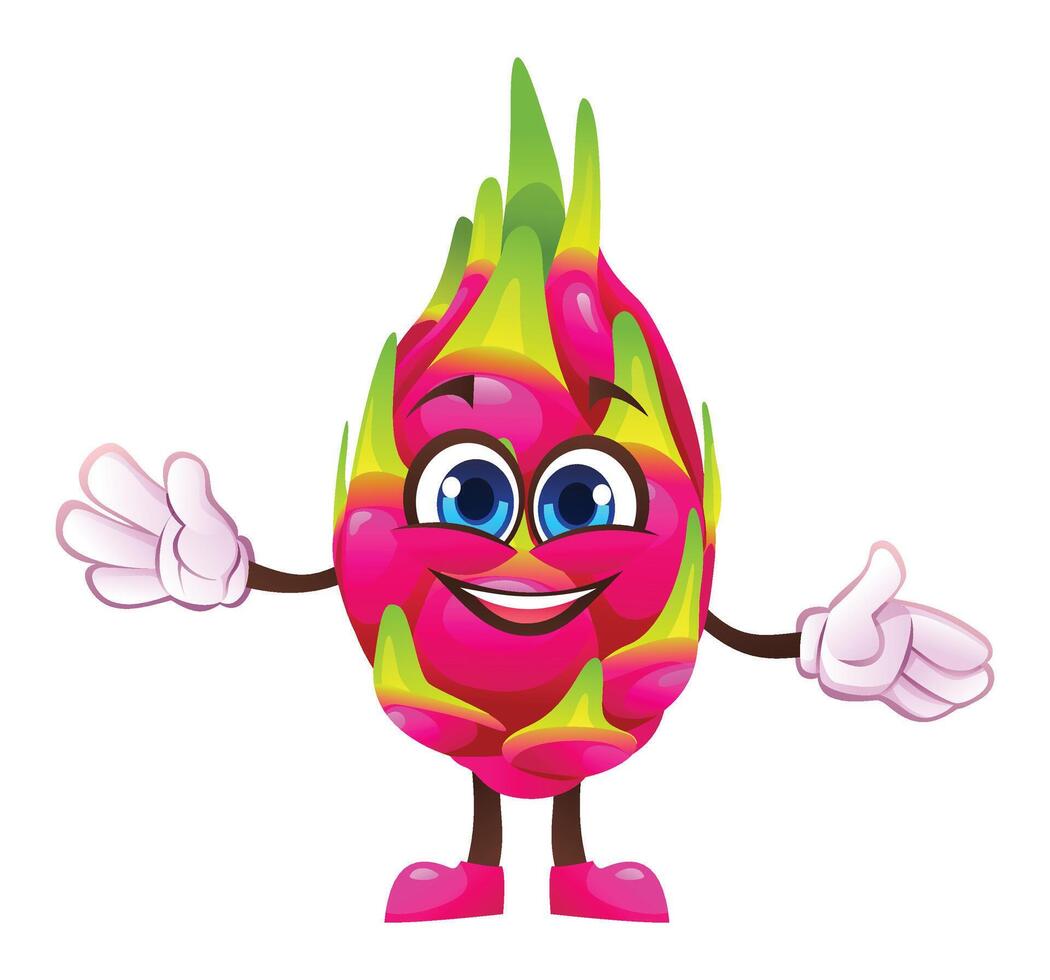 Cute dragon fruit character with open arms, welcoming and cheerful. Cartoon illustration vector