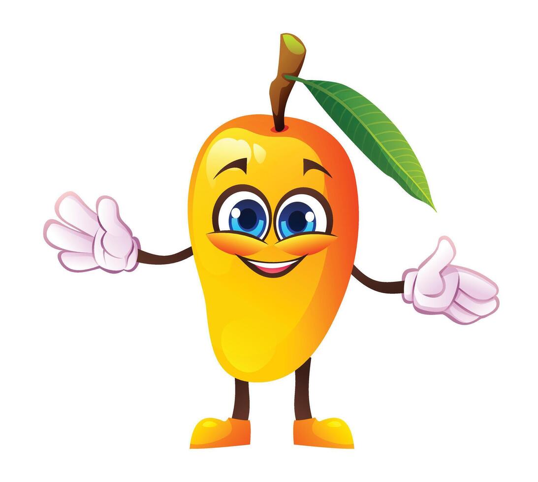 Cute mango character with open arms, welcoming and cheerful. Cartoon illustration vector
