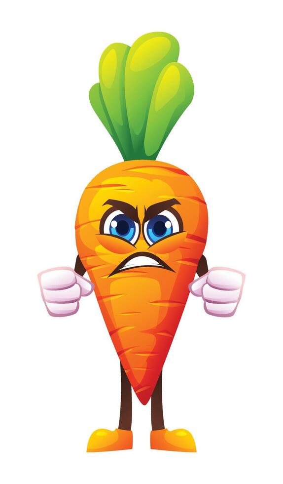 Angry carrot character with clenched fists, expressing frustration. Cartoon illustration vector