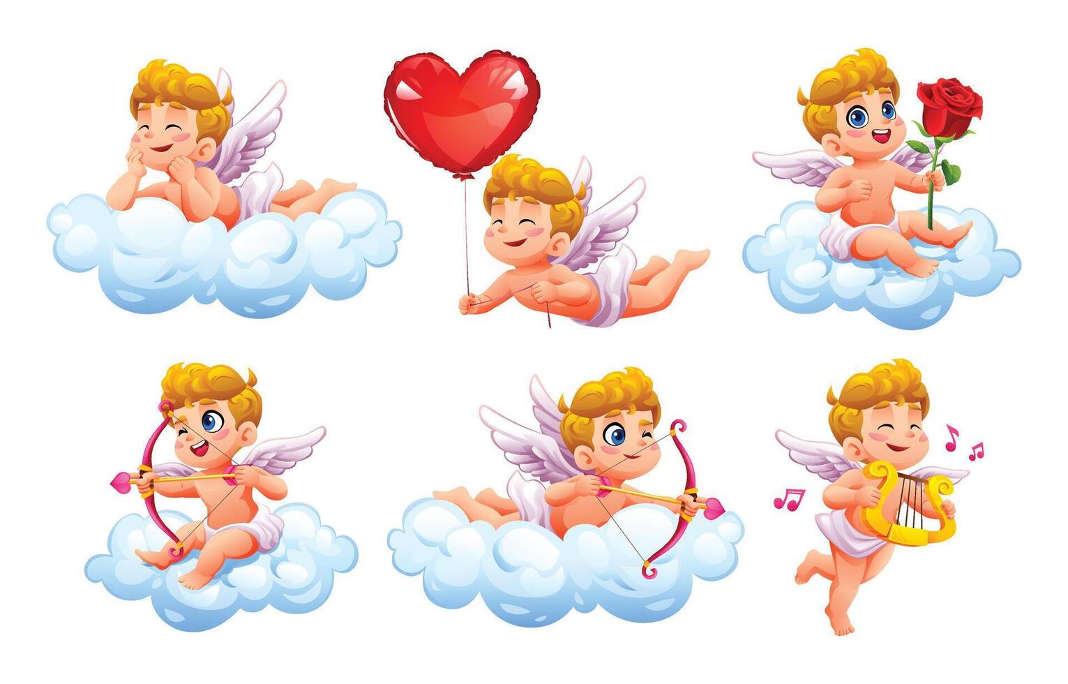 Cute cupid with bows, and other romantic symbols for Valentine's Day. cartoon illustration vector