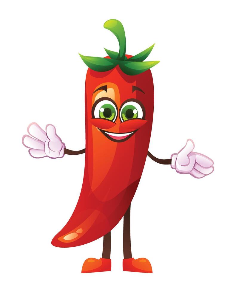 Cute chili character with open arms, welcoming and cheerful. Cartoon illustration vector