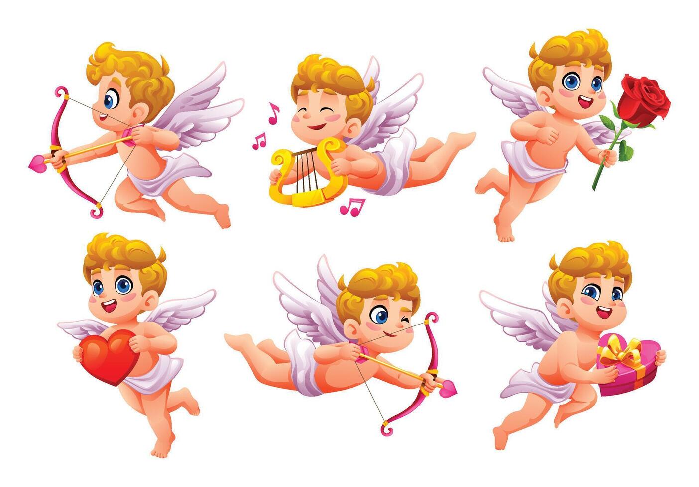Set of cute cartoon Cupid characters in various poses with heart, bow, harp, gift, and rose. cartoon illustration vector