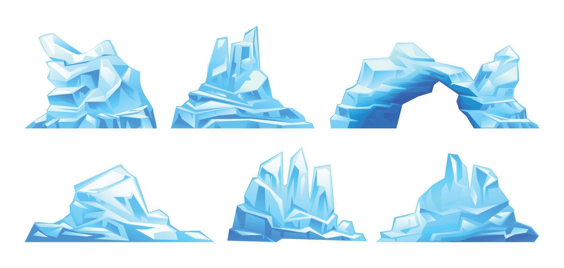 Set of icebergs with various shapes, drifting glacier. South and North Pole. cartoon illustration vector