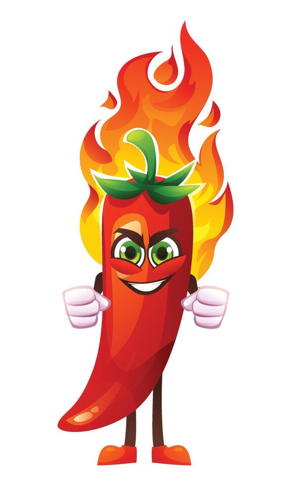 Fiery chili pepper character with flames and mischievous grin. Cartoon illustration vector