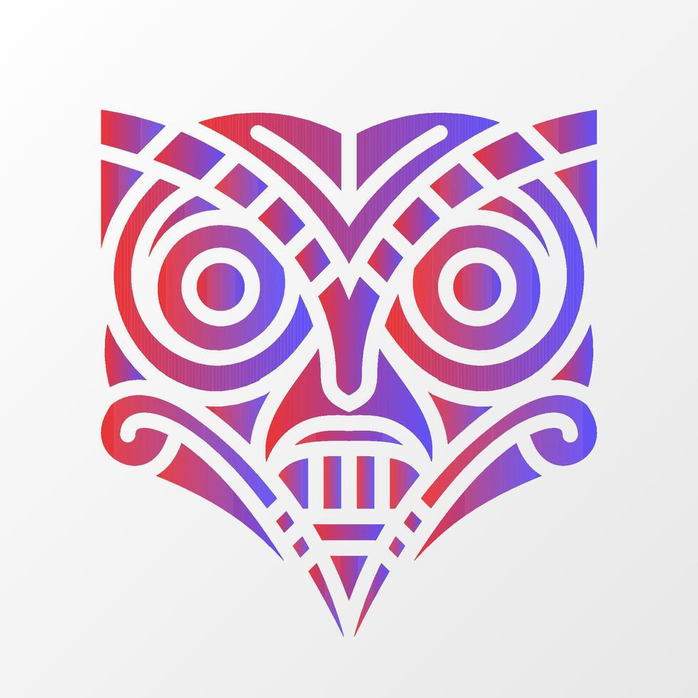A bold geometric illustration of an owl-inspired mask with intricate tribal patterns, featuring red and blue gradient on a white background. vector