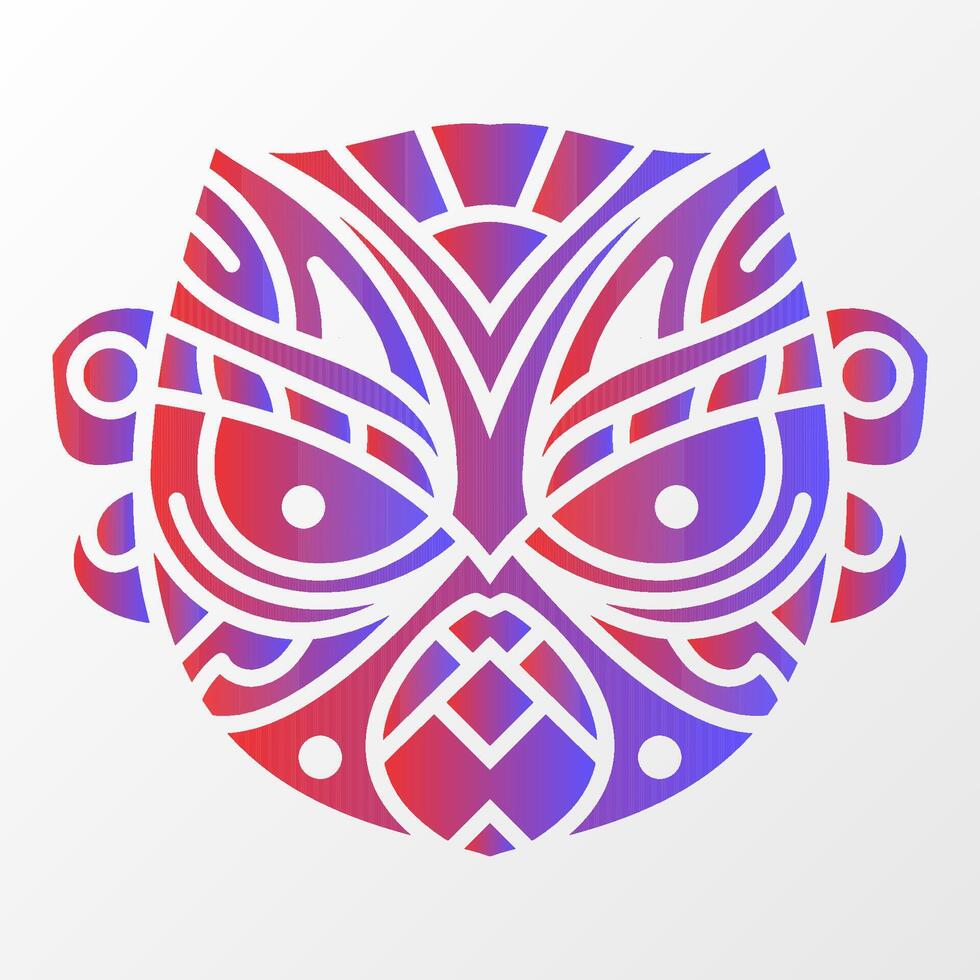 A vibrant geometric illustration of a monkey-inspired mask with intricate tribal patterns, featuring red and blue gradient on a white background. vector