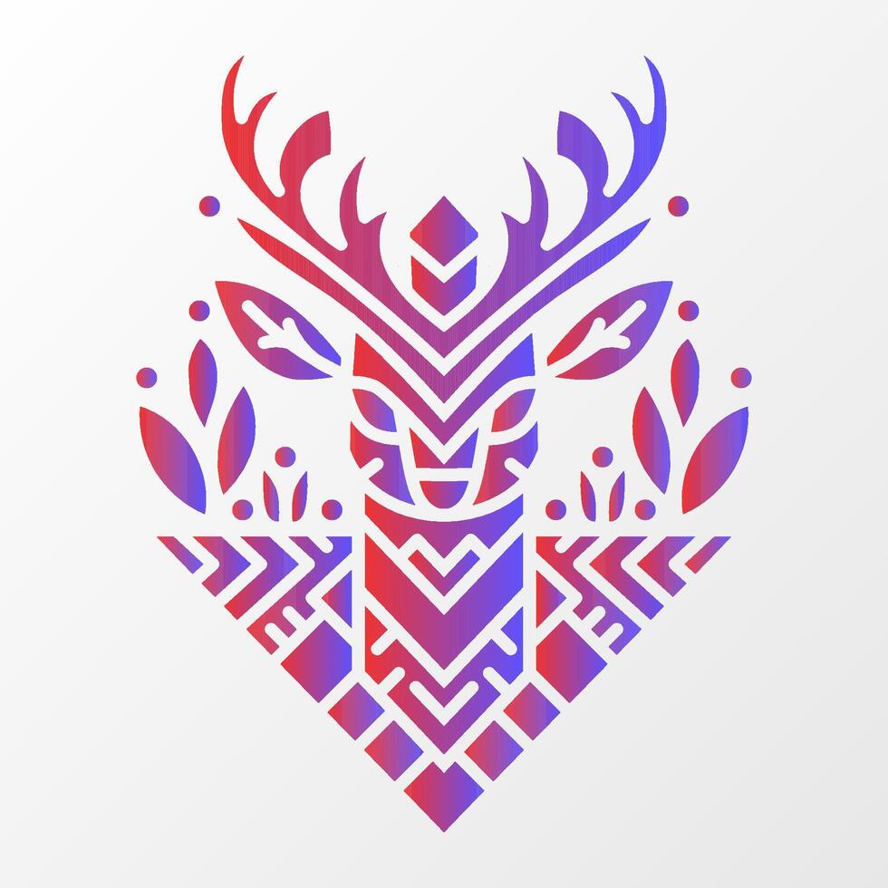 Abstract deer head illustration featuring geometric patterns, red and purple gradient, and decorative nature-inspired elements on a white background. Geometric Deer Illustration with Nature Elements vector