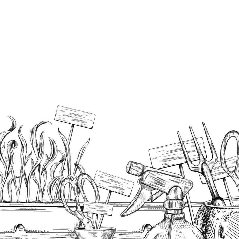 border of farmers tools watering can, seeds, boxes of micro greens in black ink graphically. Equipment for gardens, greenhouses and florists. Agriculture, cultivation of plants, flowers vector
