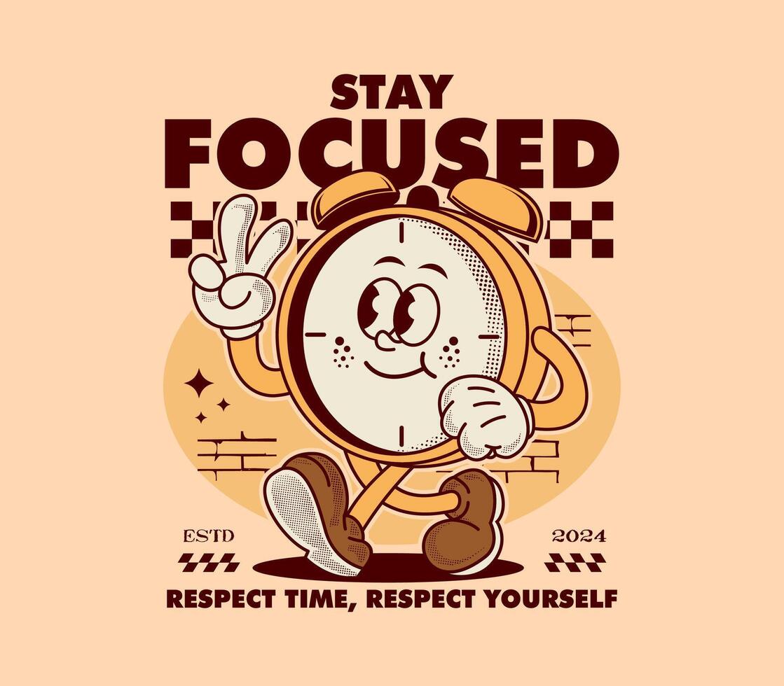 Stay Focused slogan with a retro alarm clock mascot character design, perfect for t shirts, stickers, posters, print designs, and apparel vector