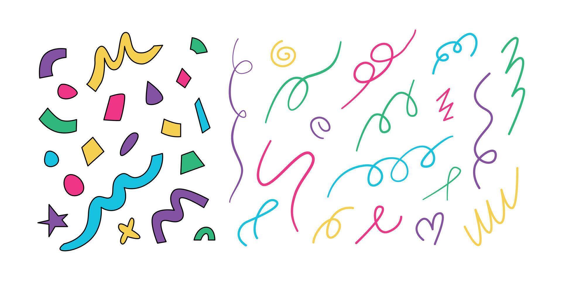 Confetti scribbles and doodles. Carnival. Childish colorful shapes, figures, elements. Abstract festive ribbons. 90s memphis. isolated on white. vector