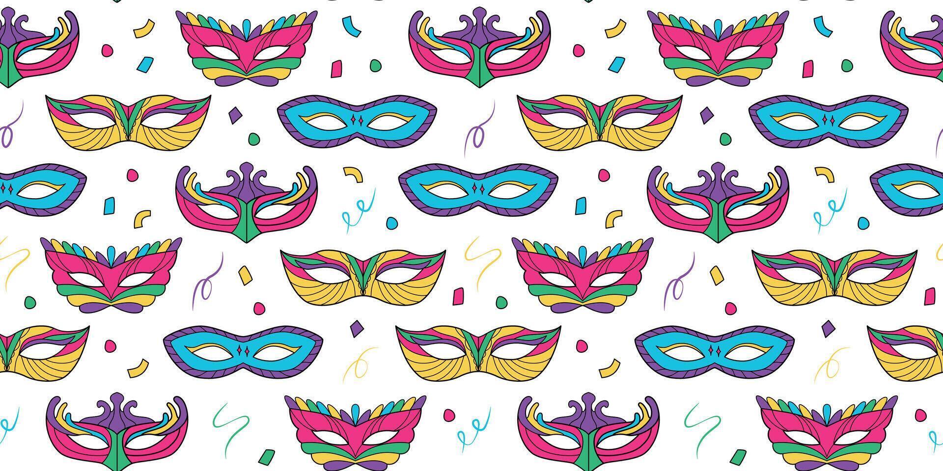 Colorful carnival masks seamless pattern. Festival costume elements with confetti. Mardi Gras carnival mask. Brazil carnival, Venice. Masquerade. Background, wallpaper, digital paper. . vector