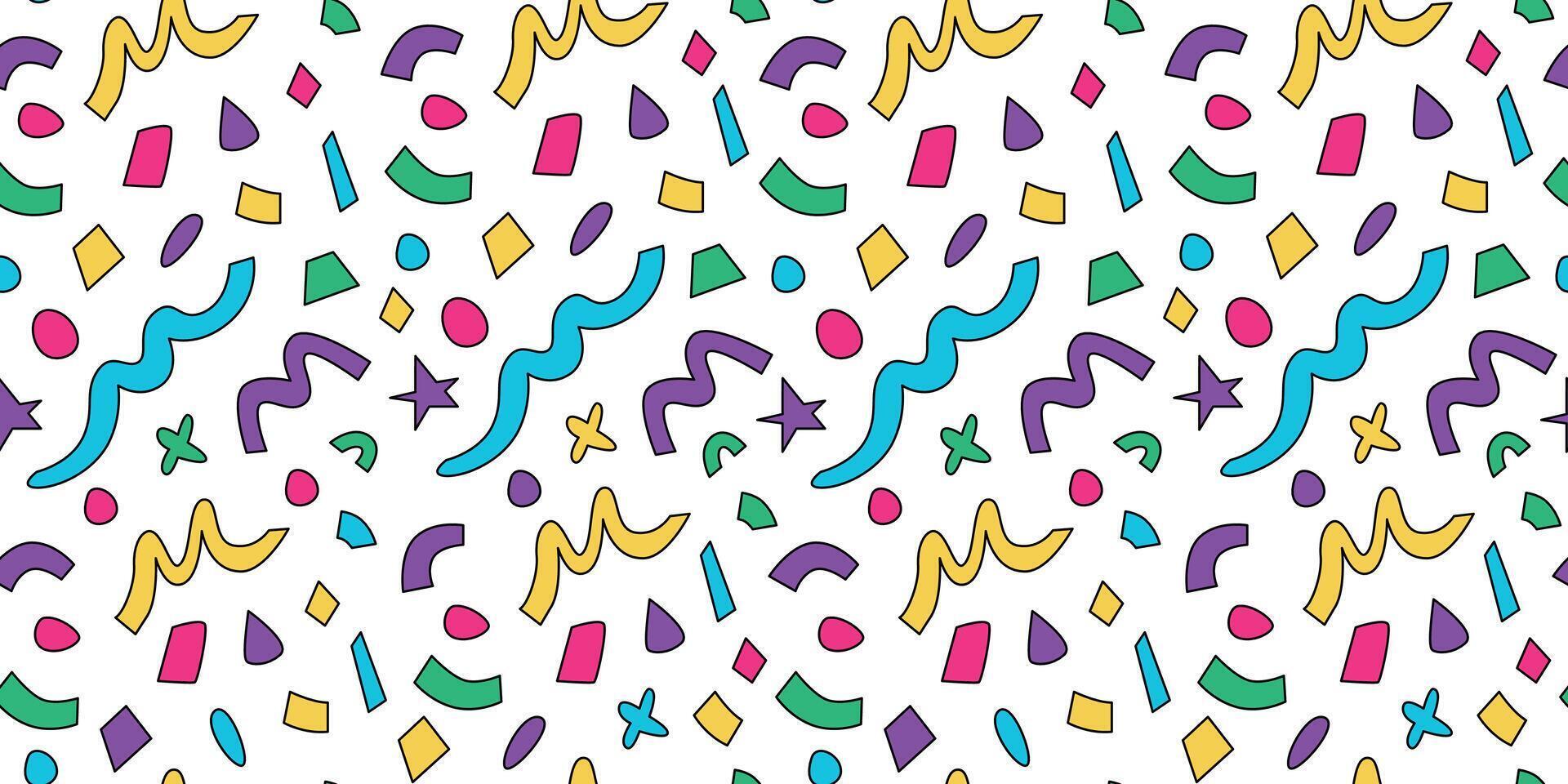 Confetti scribbles seamless pattern. Carnival. Childish retro colorful shapes, figures, elements, doodles. Abstract background, wallpaper, digital paper. Memphis. . vector