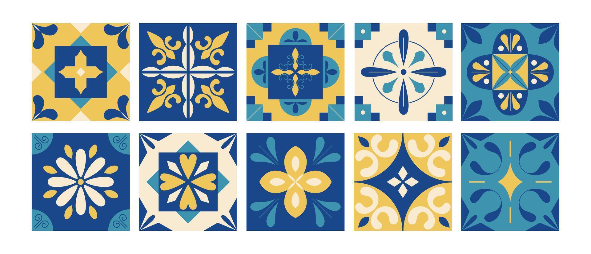 Mediterranean abstract geometric pattern. Azulejos Floral arabesque. Italian, Portuguese, Spanish blue and yellow tiles background in traditional style. Wall and floor interior design. Mosaic. . vector