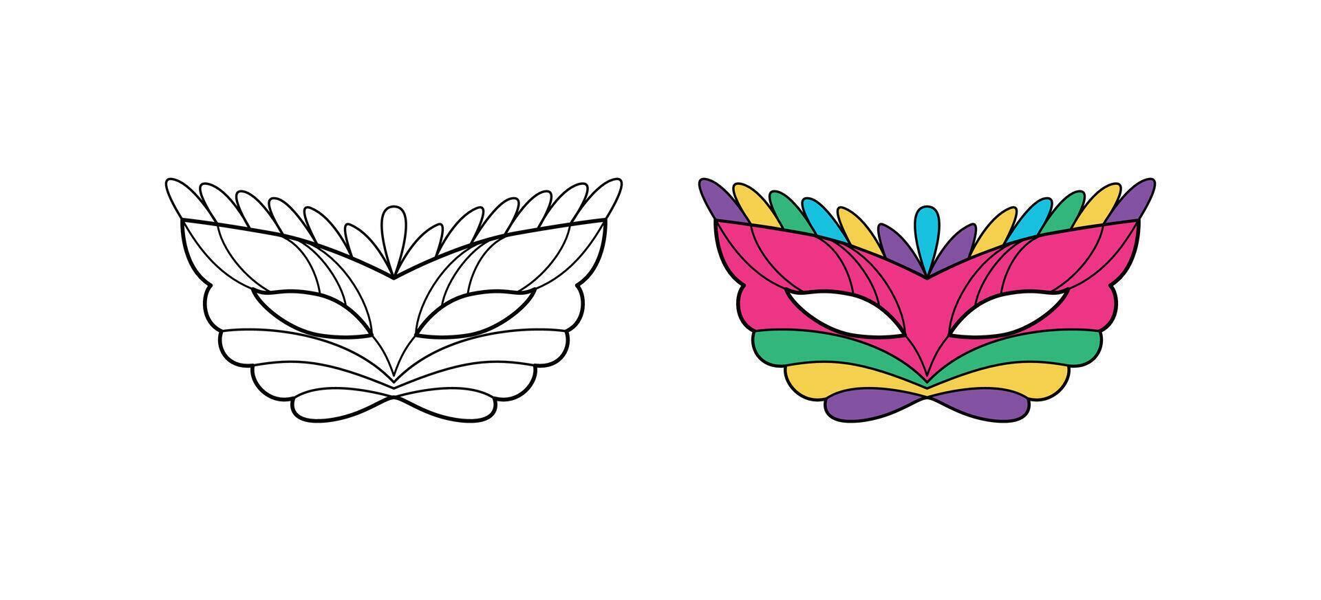 Carnival mask coloring book. Painting. Children hobby. Black and white contour. isolated on white. vector
