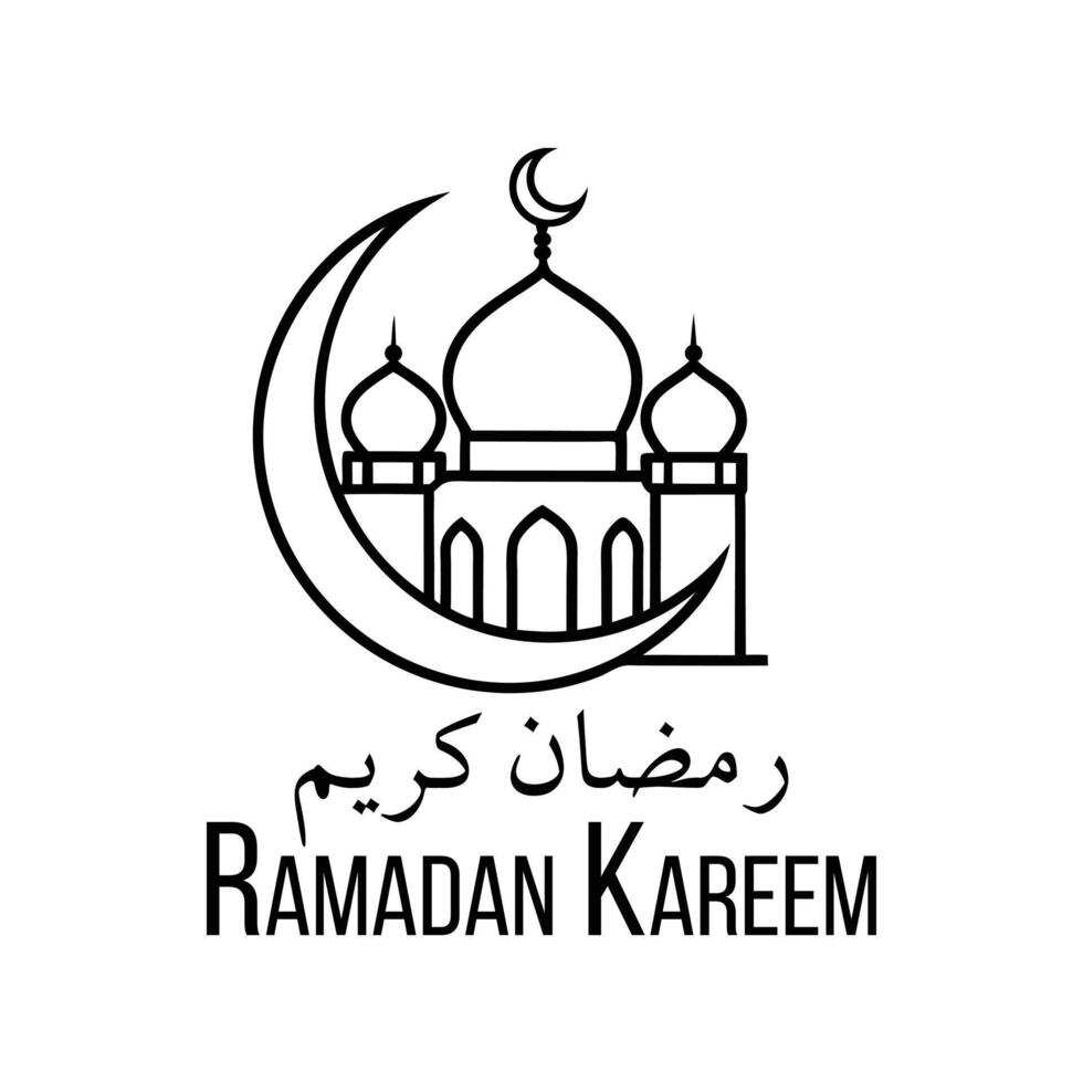 Elegant Ramadan Kareem Line Art Design Featuring Mosque, Crescent Moon, and Arabic Calligraphy vector