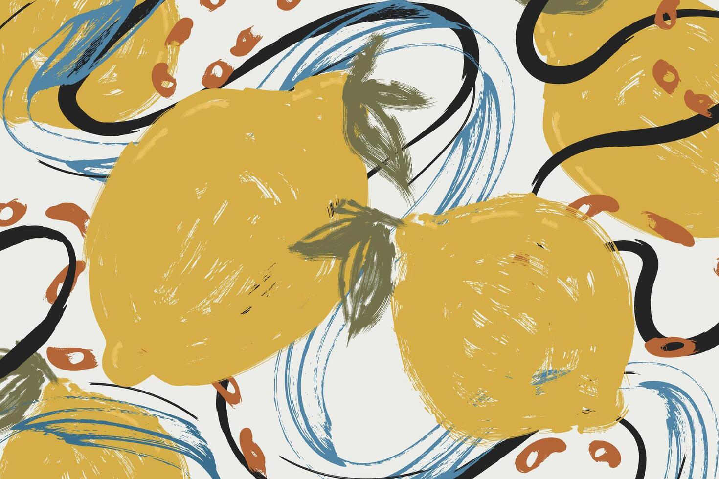 Grunge Lemons Background and Bold Brush Textured Lines. Modern Maximalism Bold Fruit Market Backdrop in Chalk, Grungy Punk Style. Creative brush painted lemons design vector
