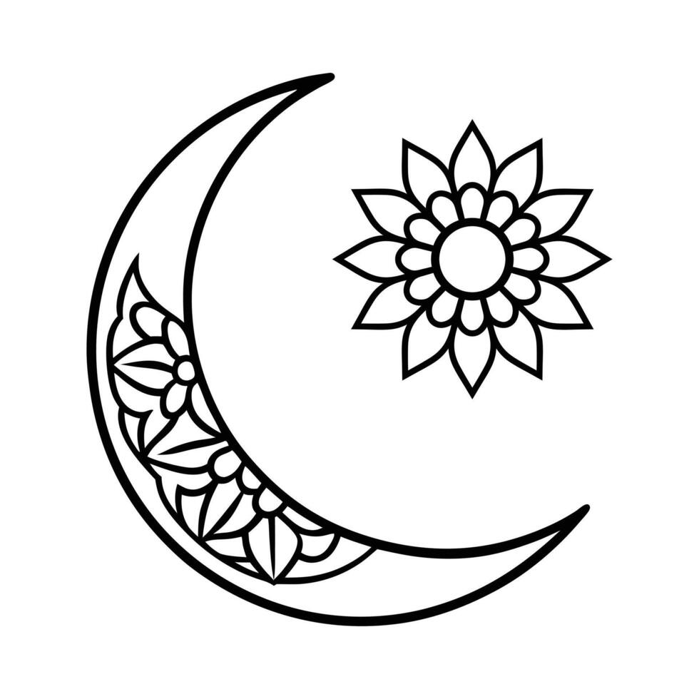 Crescent Moon and Floral Design, Ramadan Monochrome Art, Balanced Linework vector