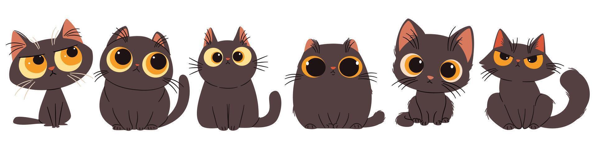 A set of flat illustrations in a simple children's style. Cute black cats with big eyes with different emotions vector