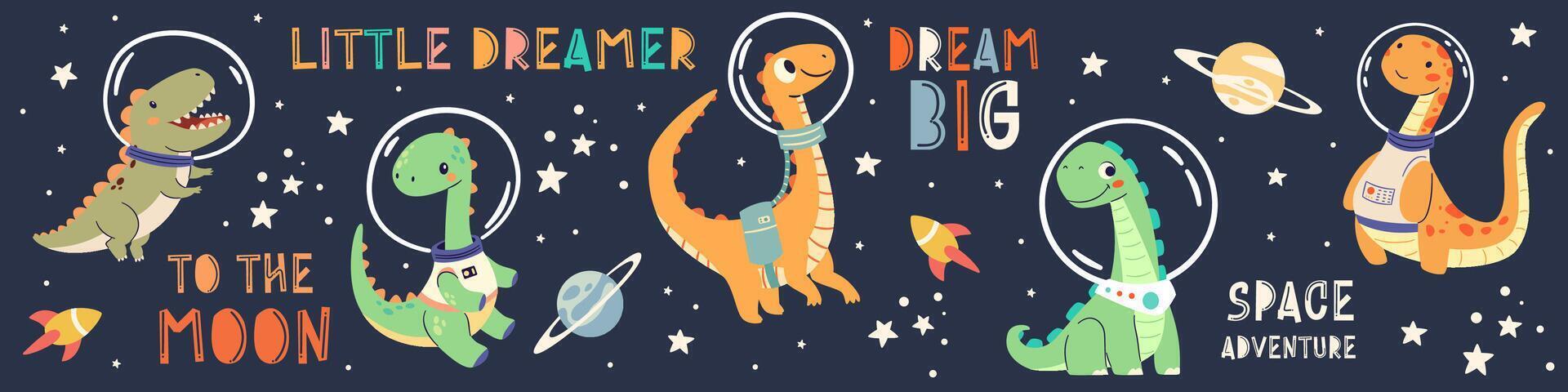 Set of flat illustrations in children's simple style. Cute dinosaurs in spacesuits flying in space, space lettering vector