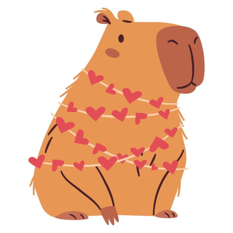 Flat illustration in a simple children's style. A cute capybara wrapped in a garland of hearts. Valentine's Day Holiday vector