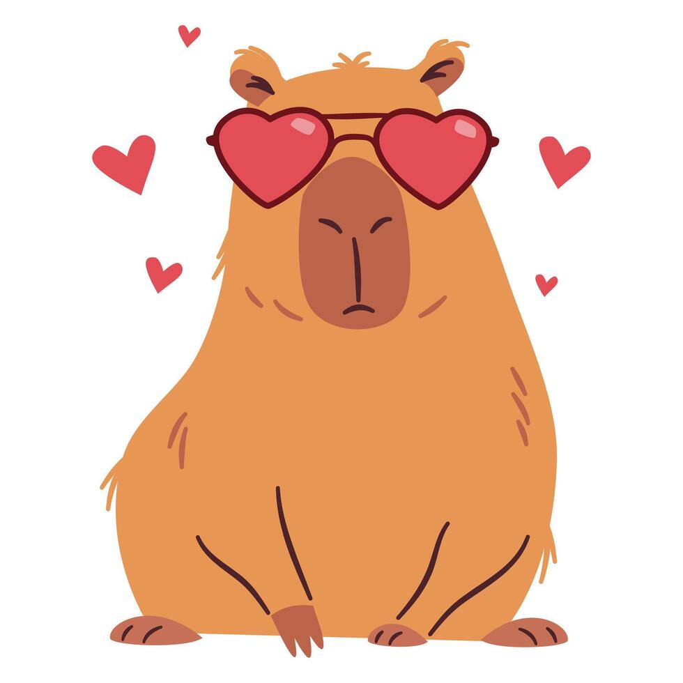 Flat illustration in a simple children's style. Cute capybara wearing heart-shaped sunglasses. Valentine's Day Holiday vector