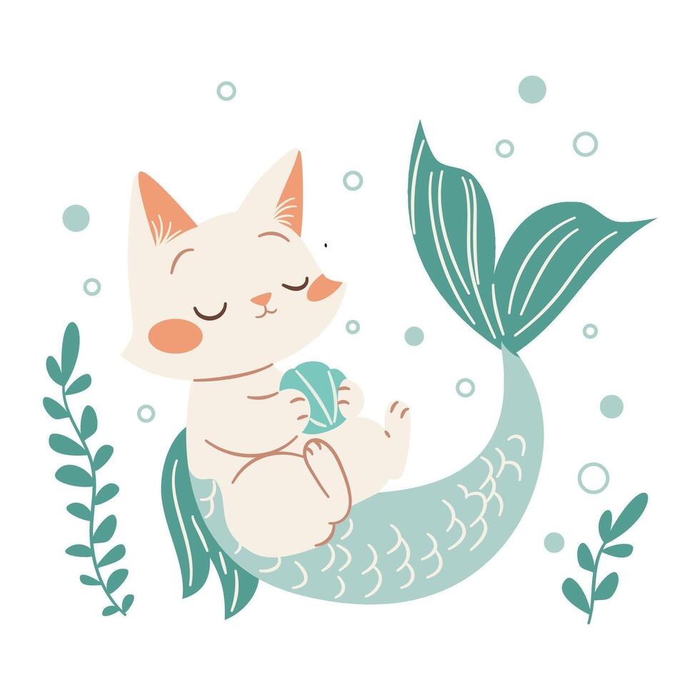 Cute mermaid kitten swimming in the sea holding a shell. Flat illustration in a simple children's style vector