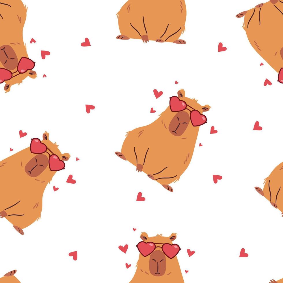 Seamless pattern in a simple children's style. Cute capybara wearing heart-shaped sunglasses. Valentine's Day Holiday vector