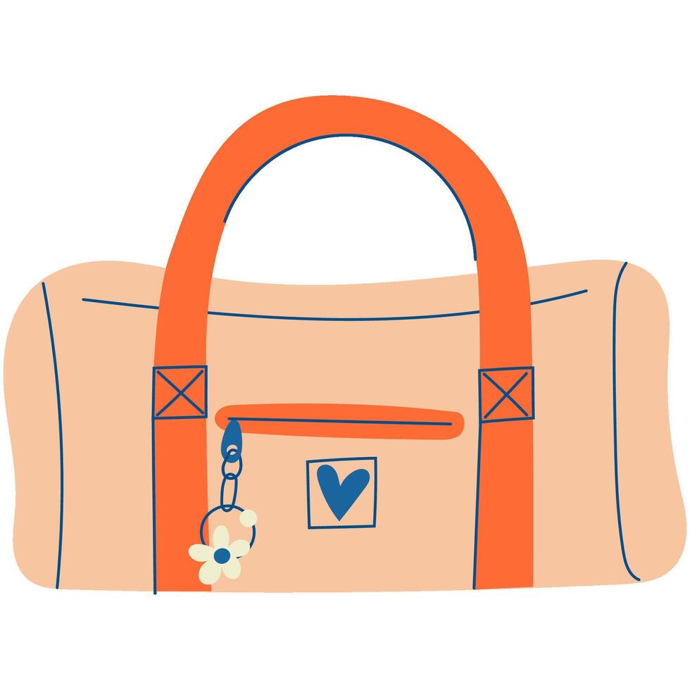 Girly Sport bag for sportswear and equipment. Duffel bag with the cute flower keychain for training and fitness. vector