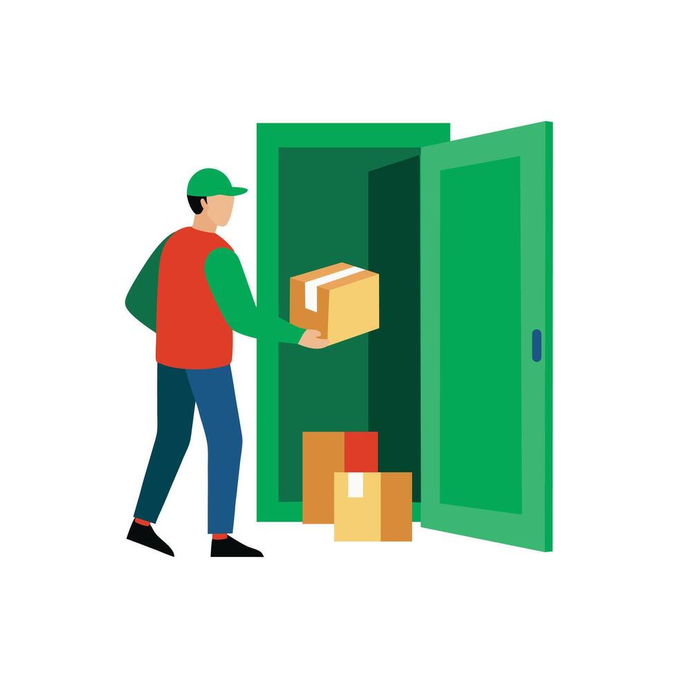 Delivery man with package in the door vector