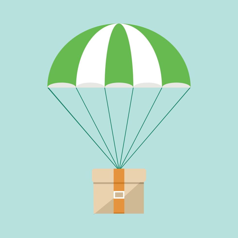 A parachute with a box on it flying over a blue background vector