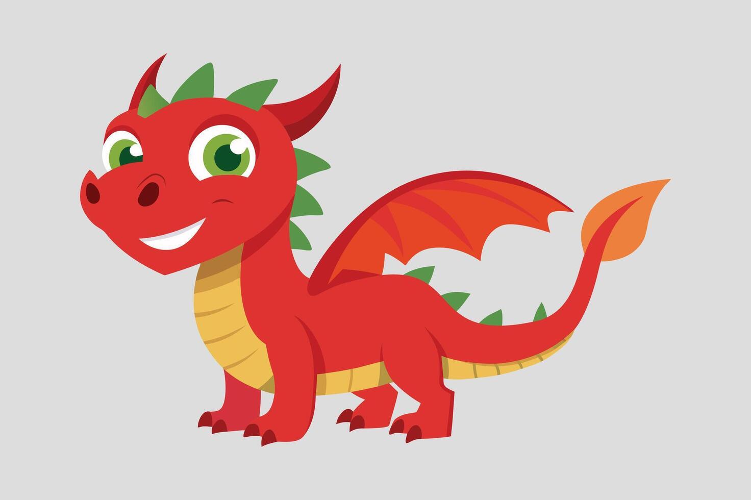 A cartoon red dragon with green wings and green eyes vector