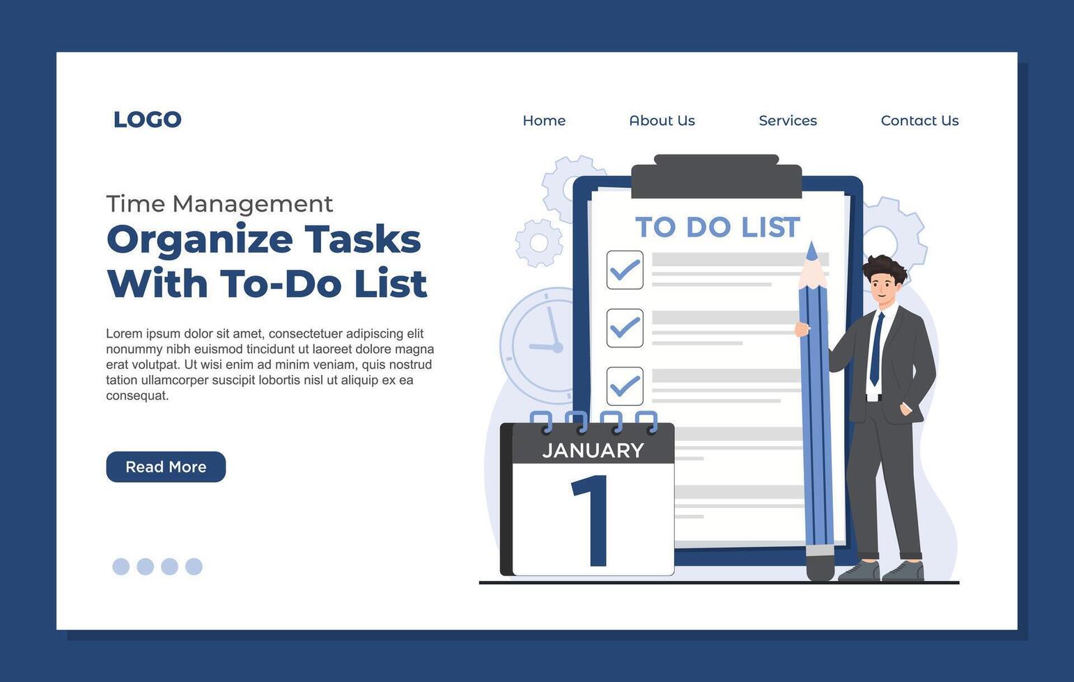 Businessman with checklist and calendar. time management to do list Landing page template. vector