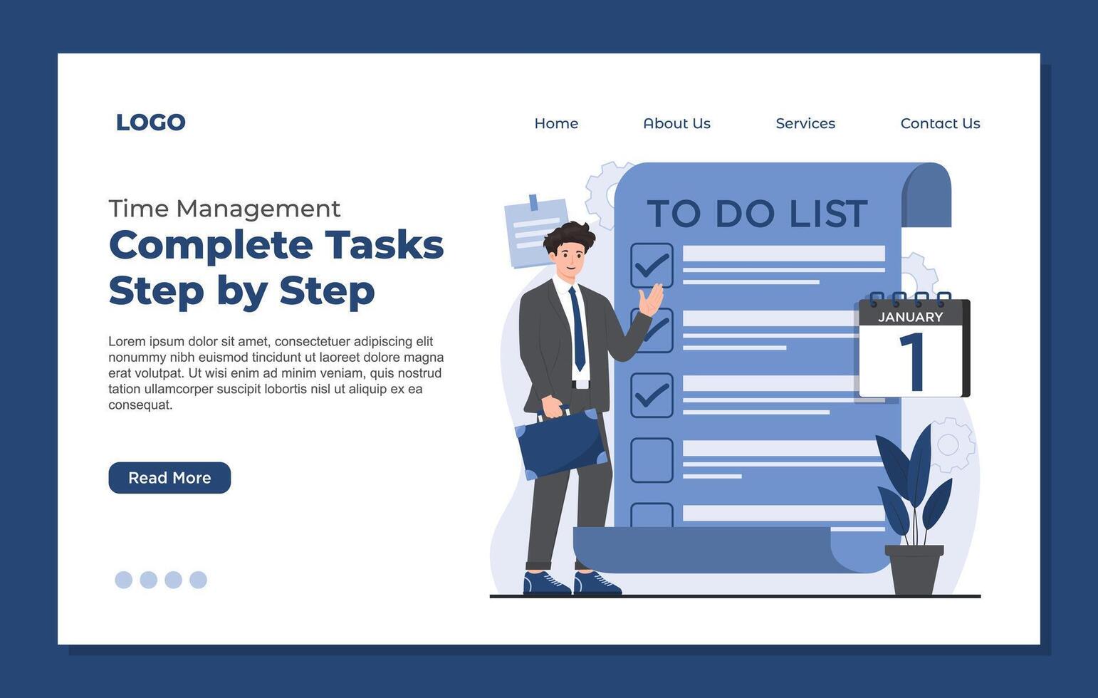 Landing page template time management to do list with a man in a business suit holding a briefcase and a calendar. vector