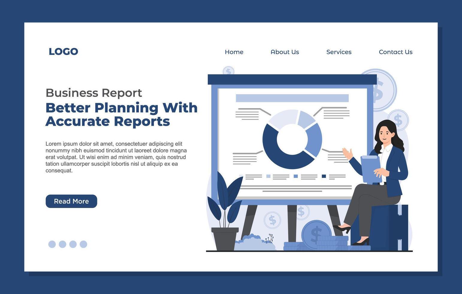 Flat design concept web page template for business analysis and planning, consulting, project management, financial report. vector