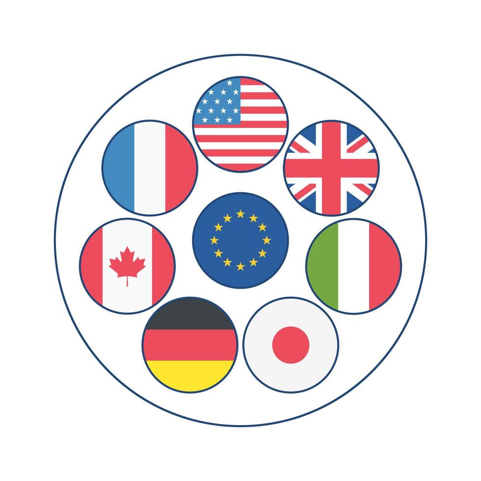 illustration depicts the flags of the G7 countries in circular formation, symbolizing unity and cooperation on the global stage. perfect for news articles, international politics and economics vector