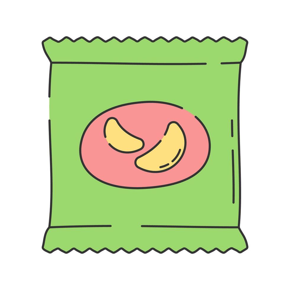 Snack Pack Doodle Illustration, A sealed package of snacks, possibly containing nuts or chips. vector