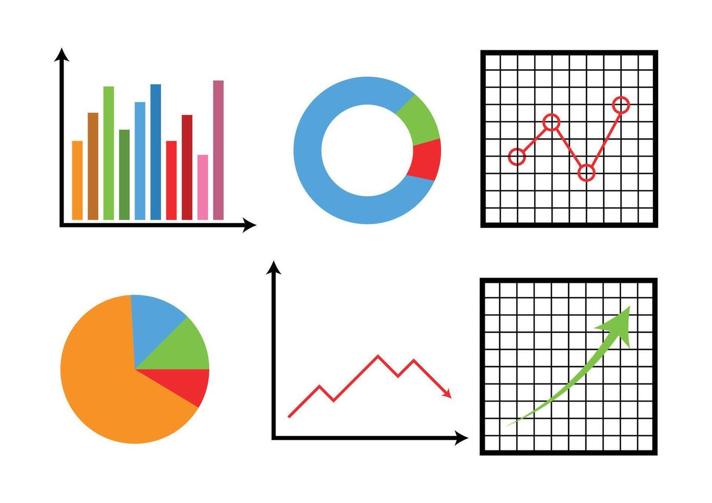 Set of graphs such as bar and pie chart, line graph on a white background. vector