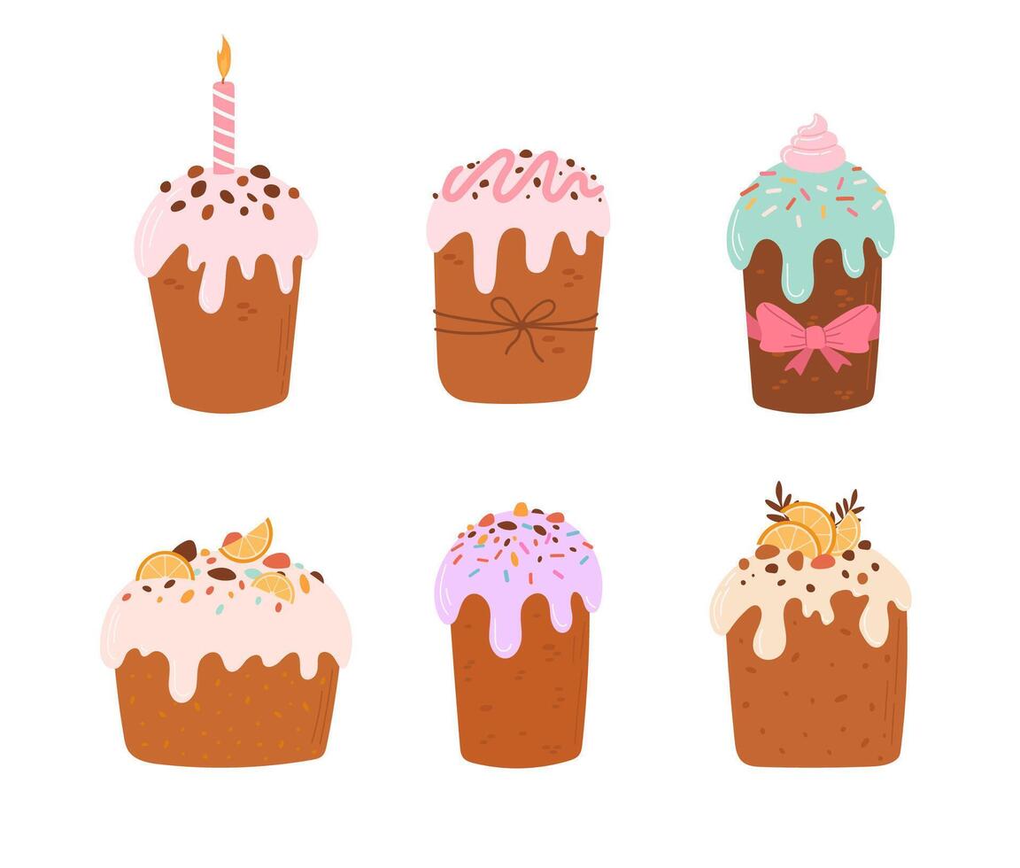 Set of sweet cakes with icing and candied fruits illustration. Fresh bakery vector