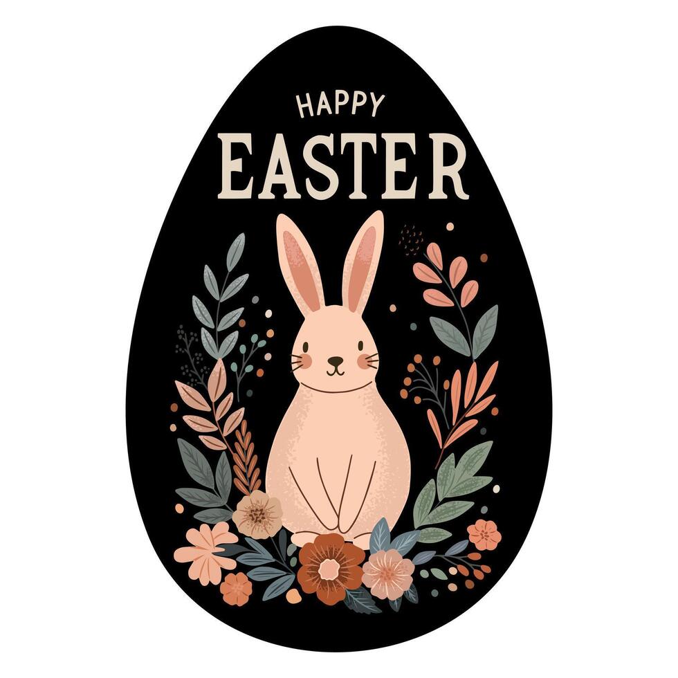 Cute rabbit surrounded by meadow flowers and leaves on a dark background. Lettering Happy Easter. vector