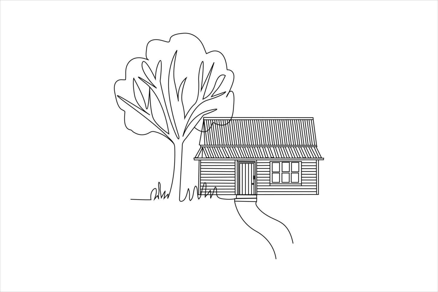 minimalist line art of a cottage with tree hand drawn rural Landscape vector