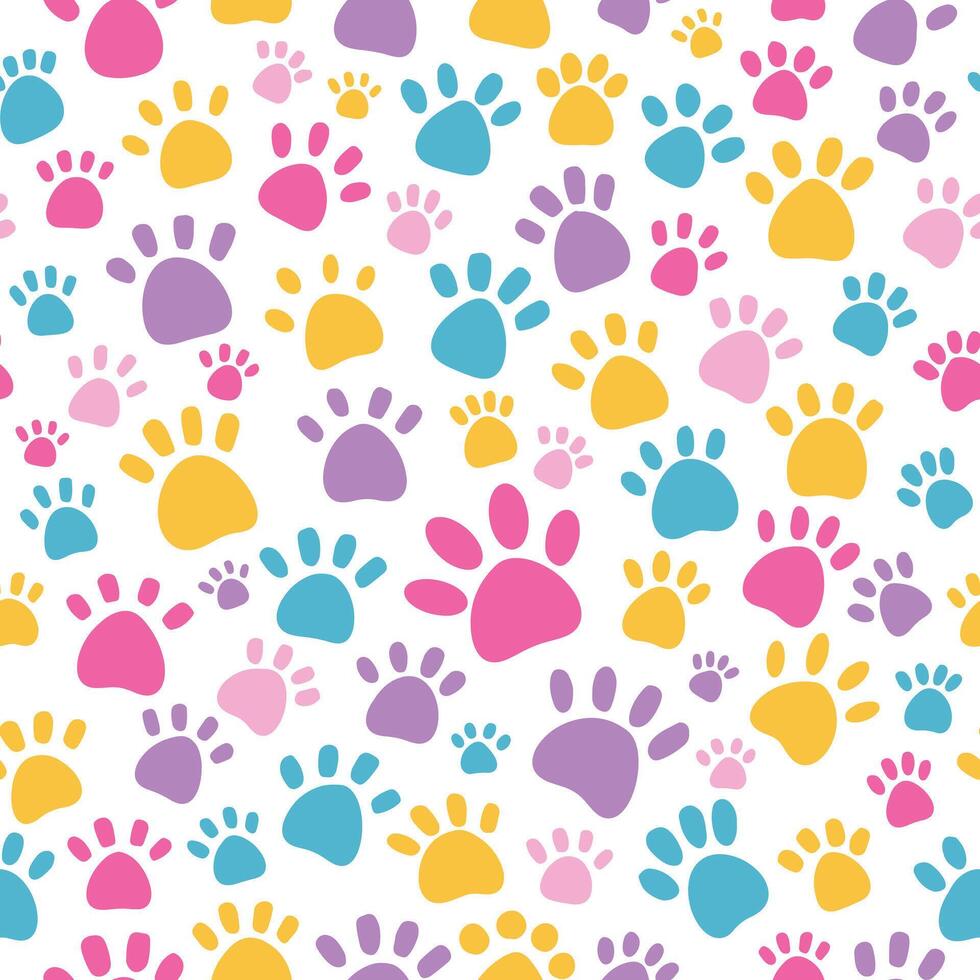Pet paws print cute colorful seamless pattern background with bright pink blue yellow cat and dog foot trace vector