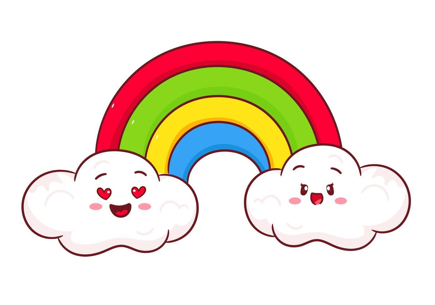 Cute couple clouds in love with colorful rainbow. weather concept design. Art illustration vector