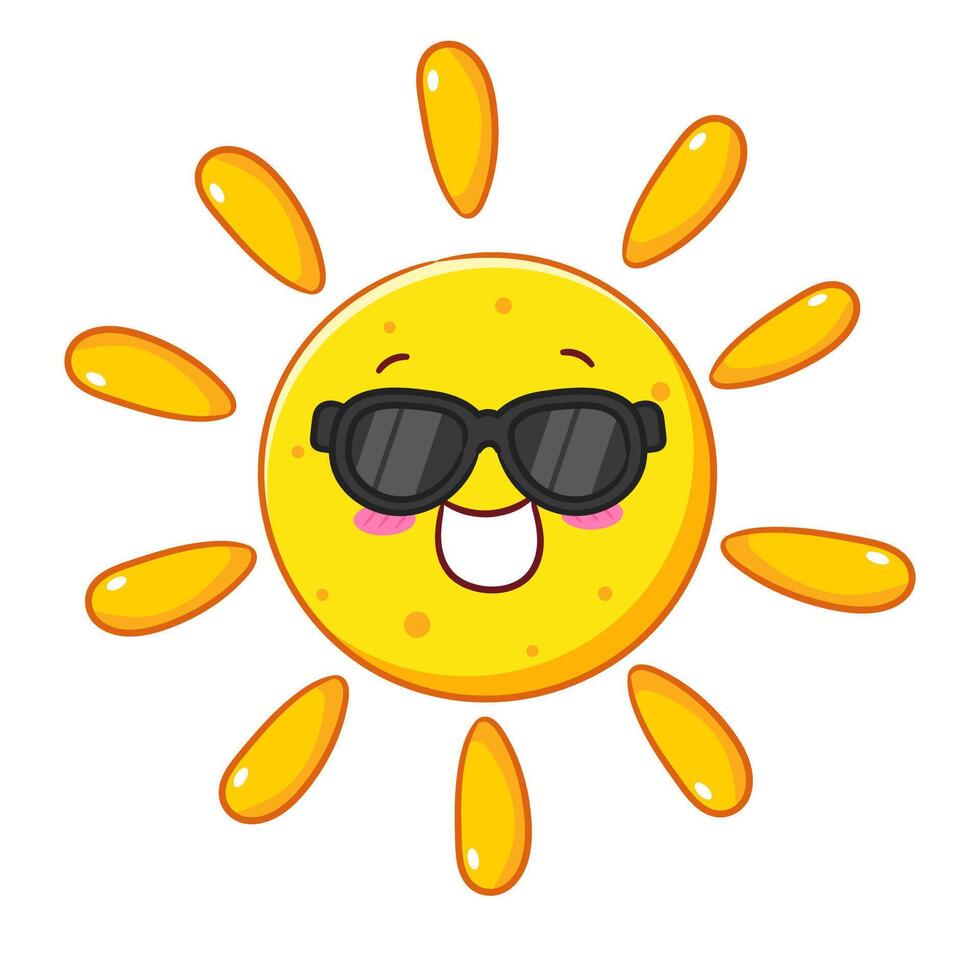 Cute cheerful sun wearing black sunglasses. Summer concept design. Kawaii object icon mascot illustration. vector