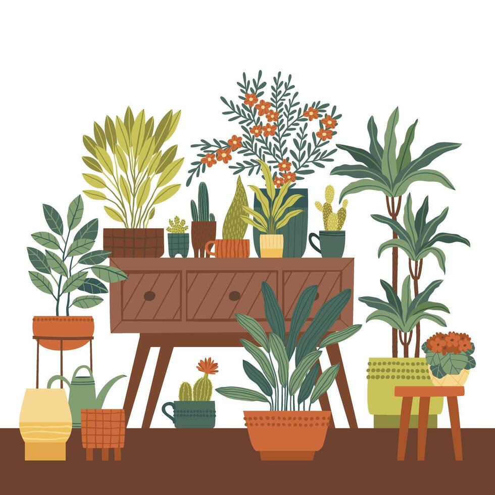 Flower corner with houseplants in different pots vector