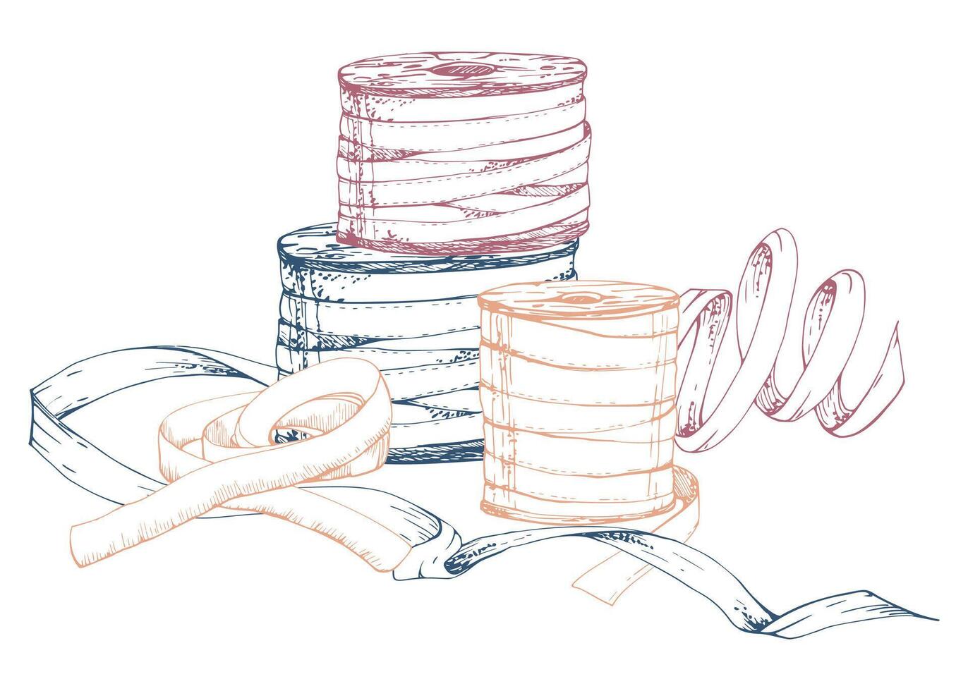 Sewing craft embroidery supplies, ribbon lace bobbins spools. Hand drawn ink illustration. Composition isolated on white background. Design atelier, tailor, hobby shop, fashion boutique vector