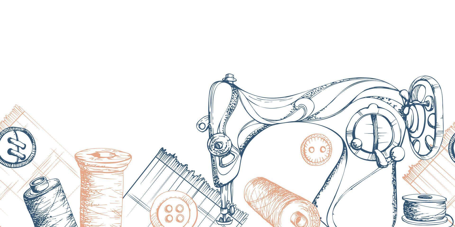 Sewing craft supplies. Vintage retro sewing machine, thread floss bobbins, fabric, buttons. Hand drawn ink illustration. Isolated seamless banner. Design boutique atelier, tailor, hobby shop vector