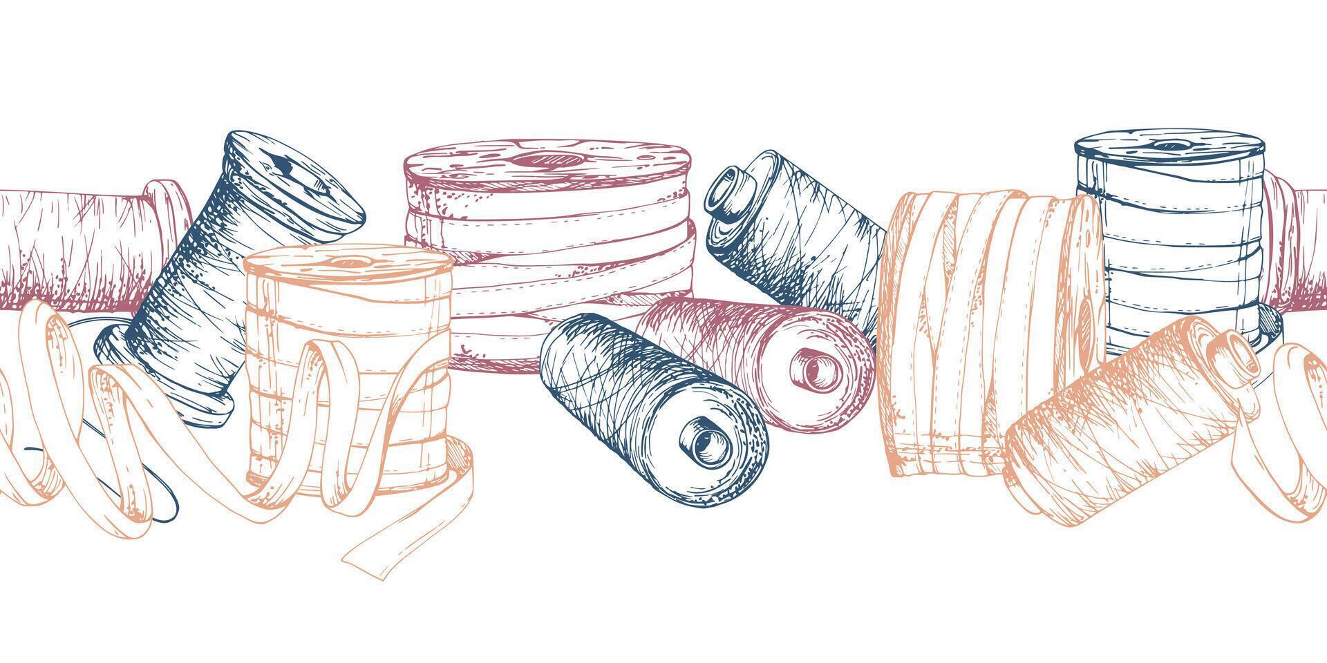 Sewing craft embroidery supplies. Ribbon lace thread floss skein bobbins spools. Hand drawn ink illustration. Seamless banner isolated on white background. Design atelier, tailor, hobby shop vector