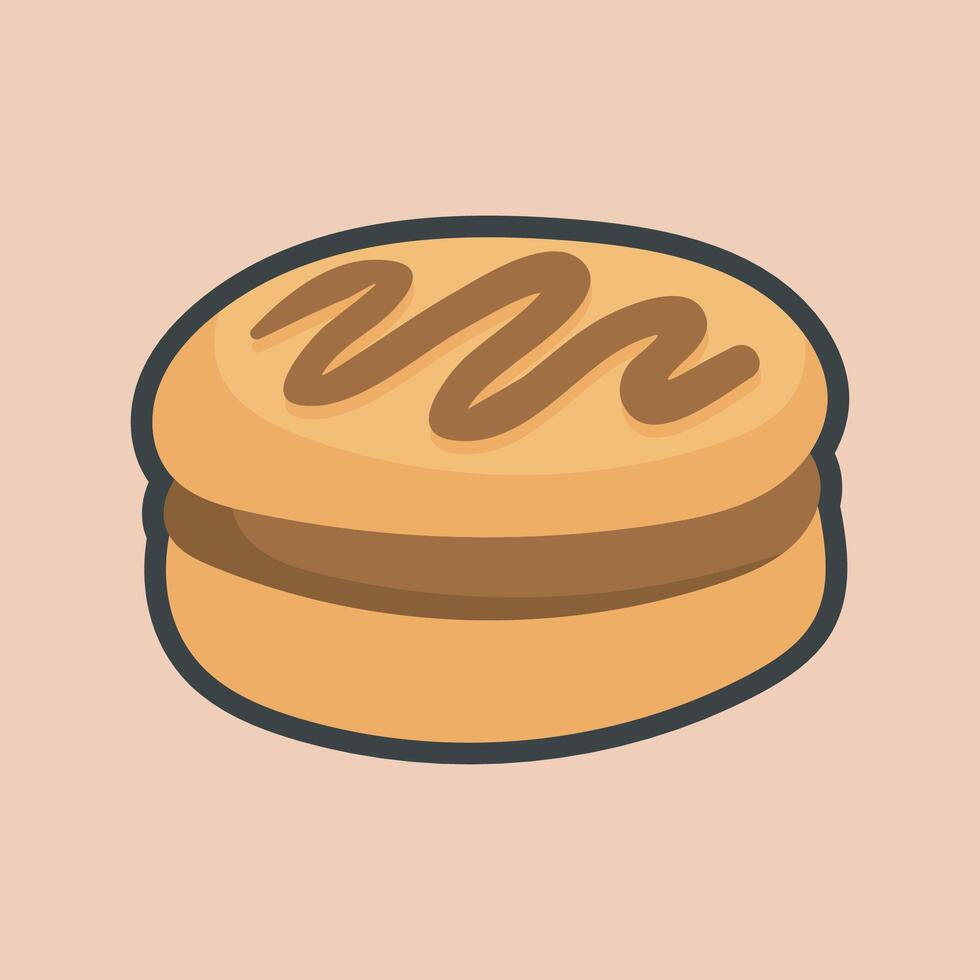 chocolate cream cookie with outline flat design. vector