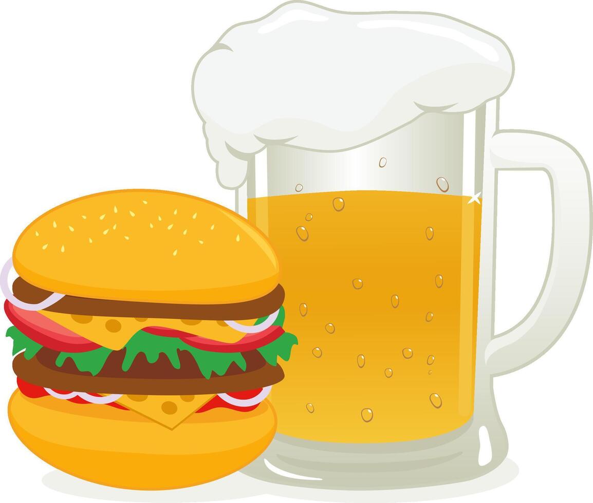 Hamburger and cold beer. Glass of drink and burger for barbecue party. Restaurant food for dinner at the pub. vector