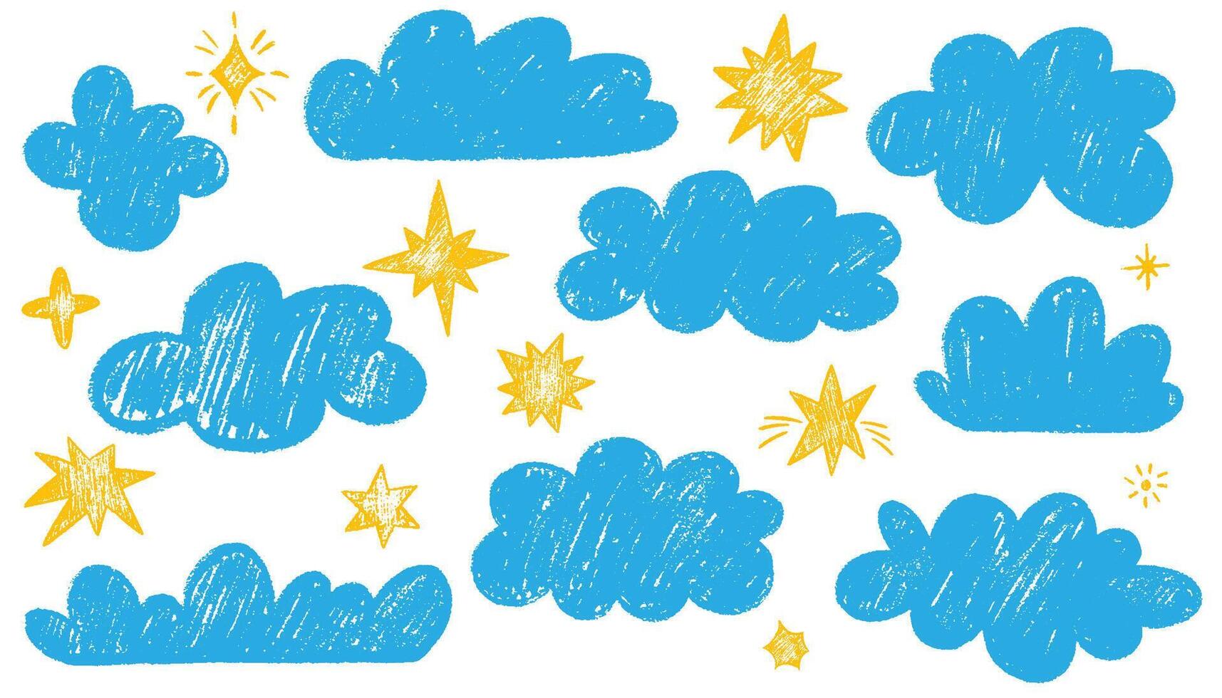 Crayon drawn clouds and yellow cute stars in kid's style. Pencil or charcoal drawings childish icons isolated on white. Hand drawn various cloud and stars shapes. Doodle vector